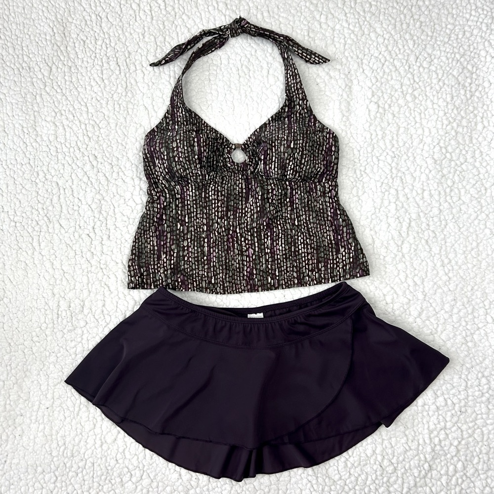 Merona Swimsuit Women's Sz M Purple Tankini Sz S Bikini Faux Wrap Skirt 2PCS Set